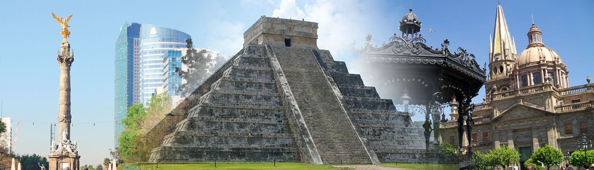 Collage de México: Ángel de la Independencia, Chichén Itzá, kiosco y catedral